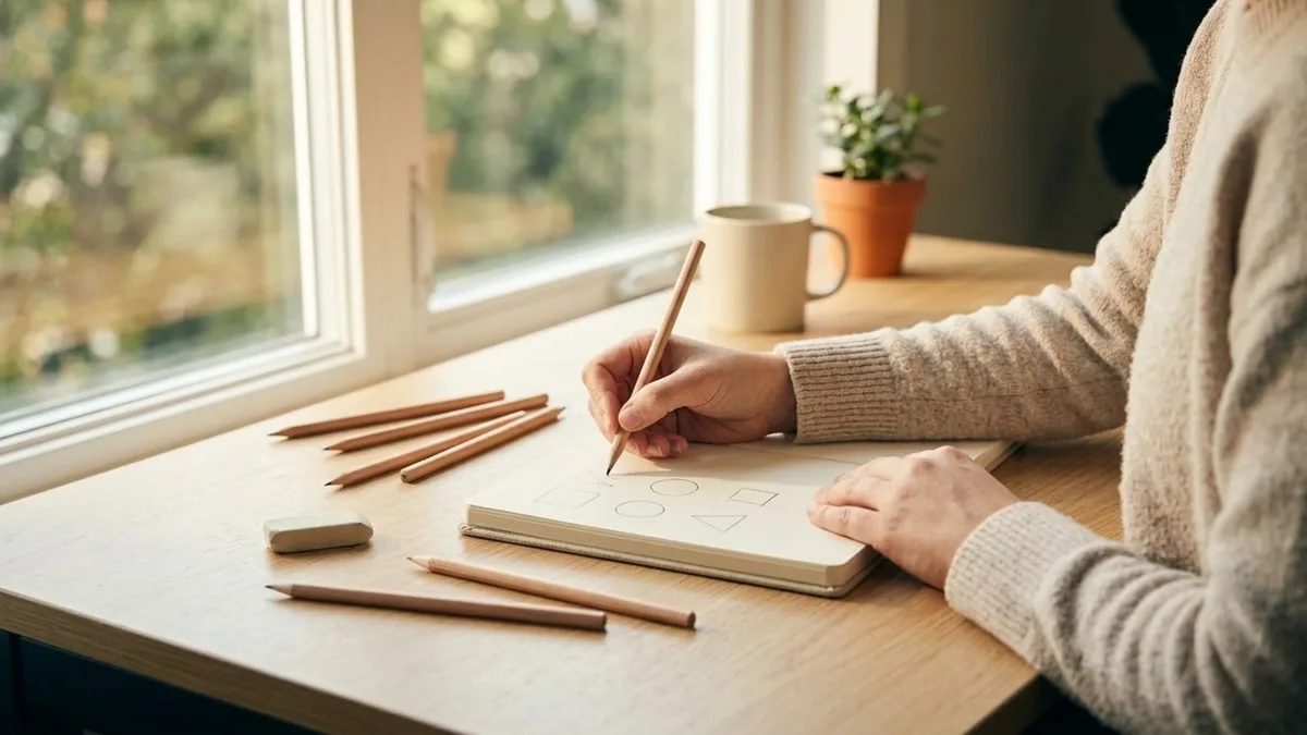 Over-the-shoulder view of a beginner sketching shapes in a sketchbook