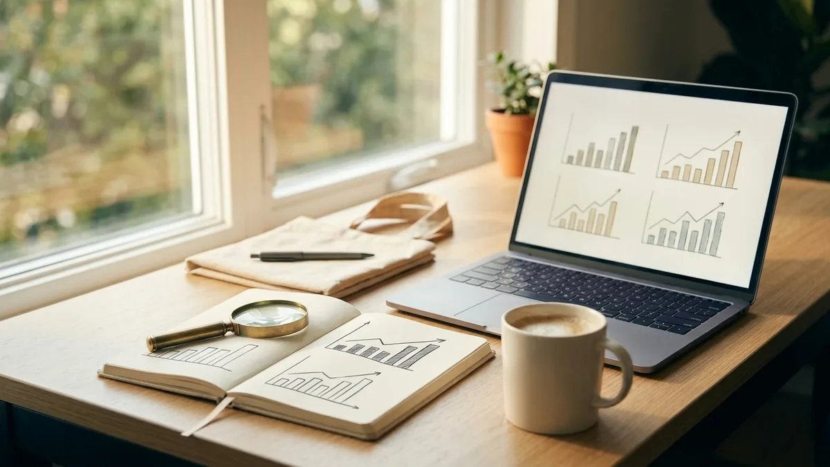 Blank promo items beside a laptop showing abstract upward graphs on a desk
