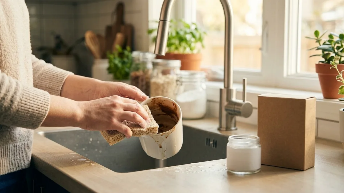 Hands scrubbing a coffee-stained white mug with a sponge at a kitchen sink