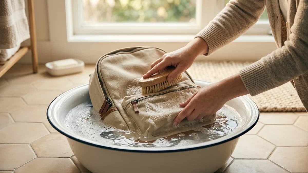 Hands hand-washing a backpack in a basin of soapy water on a bathroom floor