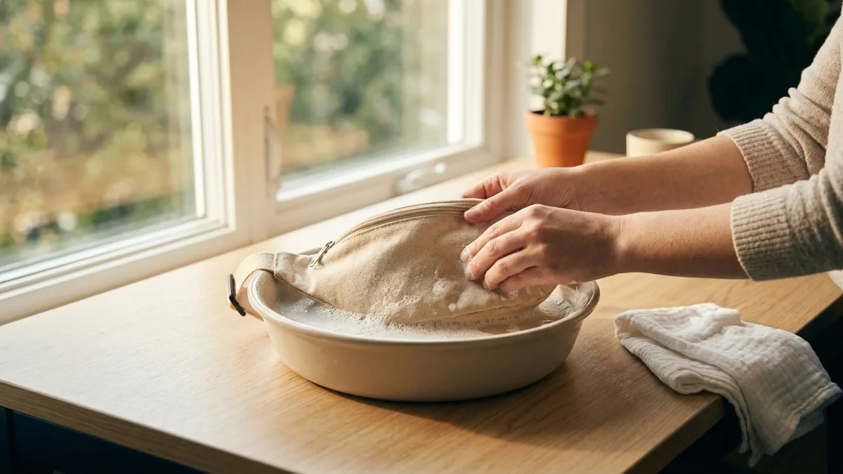 Hands scrubbing a fabric fanny pack in a basin of soapy water in sunlight