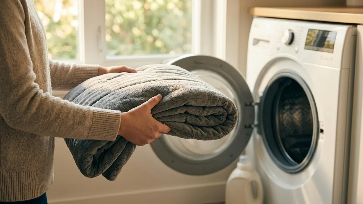 Hands holding a folded weighted blanket beside a washing machine in sunlight
