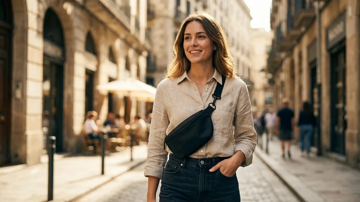 A stylish person wearing a blank crossbody fanny pack on a sunny street