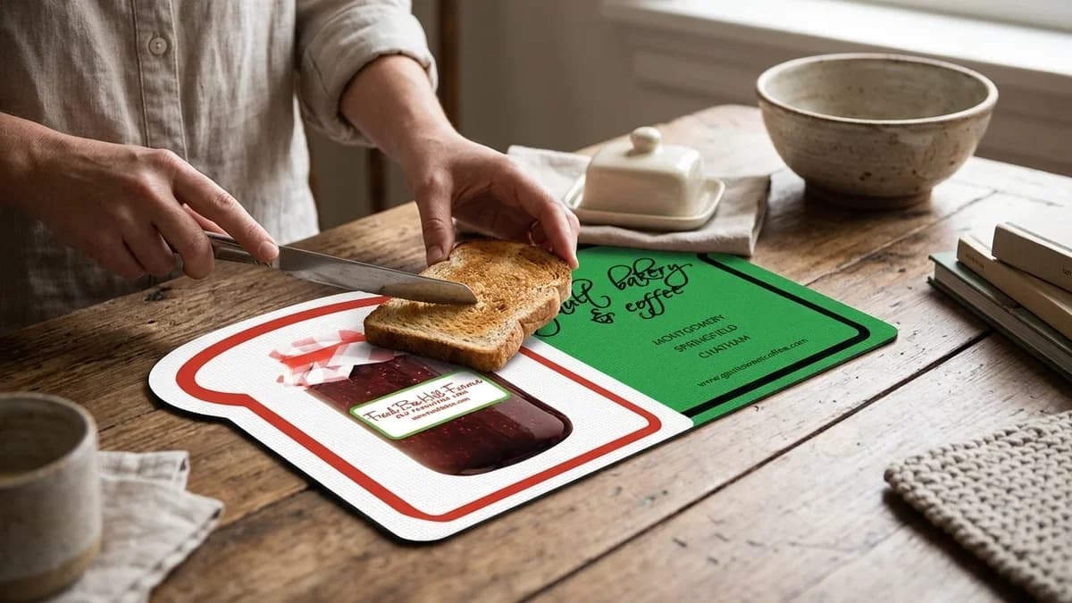 Custom arthritis jar opener with a company logo gripping a tight pasta sauce lid on a kitchen counter