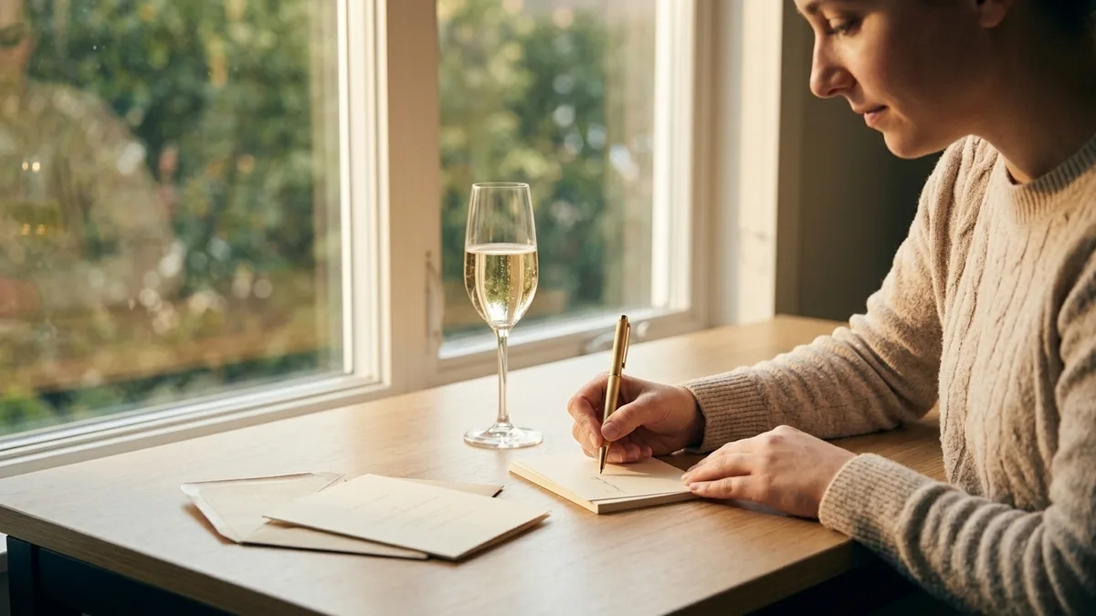 Hands handwriting toast notes on cards beside a glass of champagne