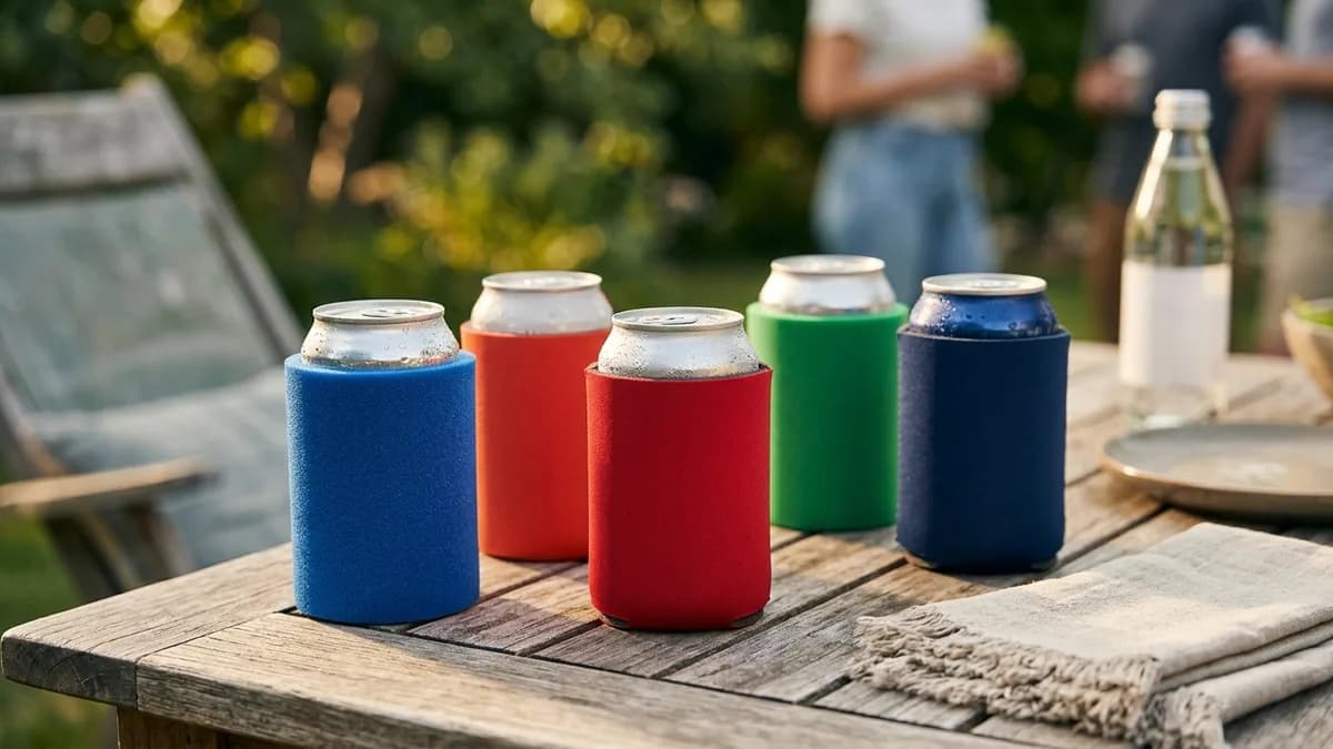 A spread of custom printed can koozies in many colors and designs on a table