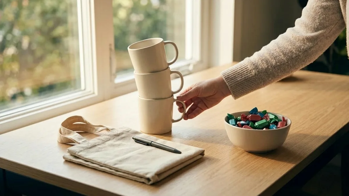 Stack of blank mugs beside a bowl of wrapped candy on a bright table