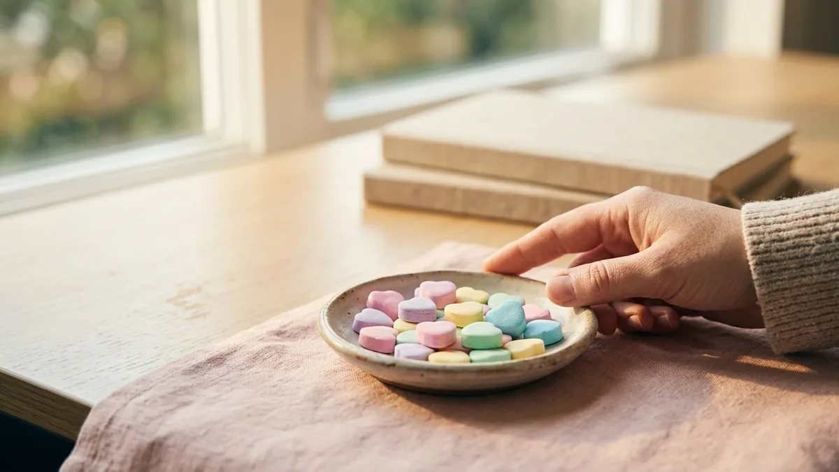 A scatter of blank pastel candy hearts in a dish on a soft pink background
