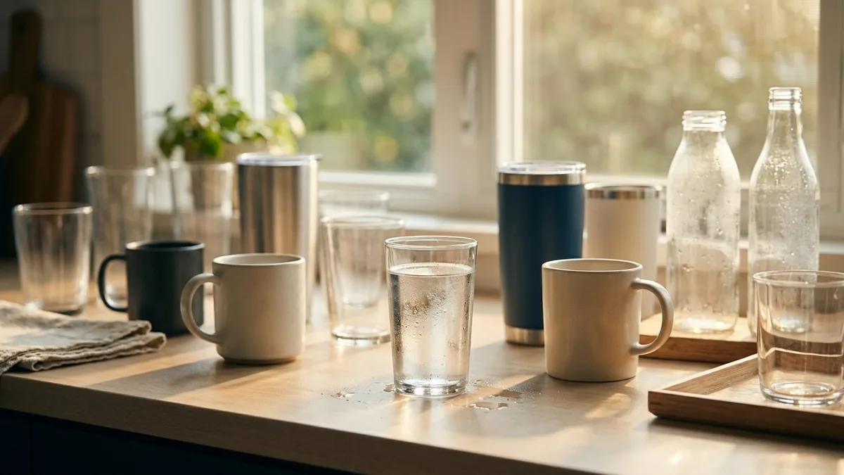 Wide assortment of blank glasses, mugs and tumblers on a sunlit counter