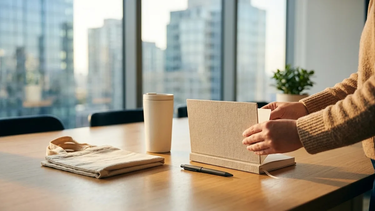 Blank corporate gift assortment fanned across a boardroom table by a window