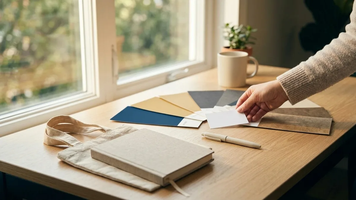 A studio table of blank branded items and color swatches like a brand board