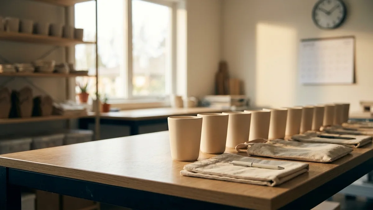 Blank products on a workshop table with a clock and calendar behind