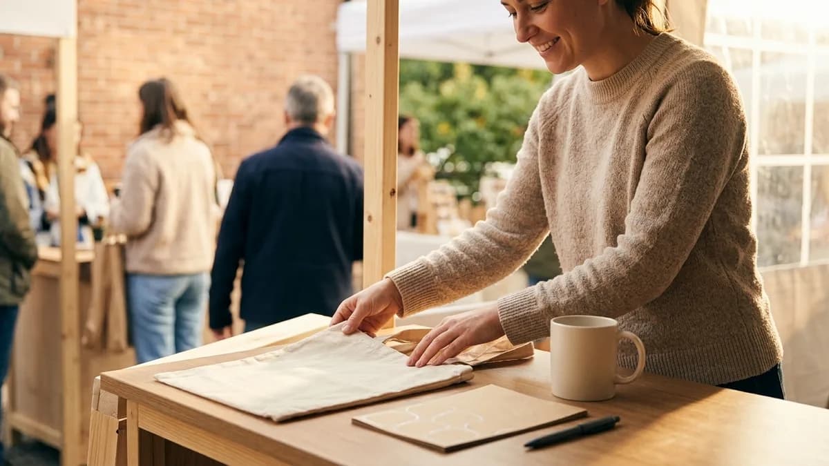 Small business owner arranging blank promotional swag at a sunny market stall