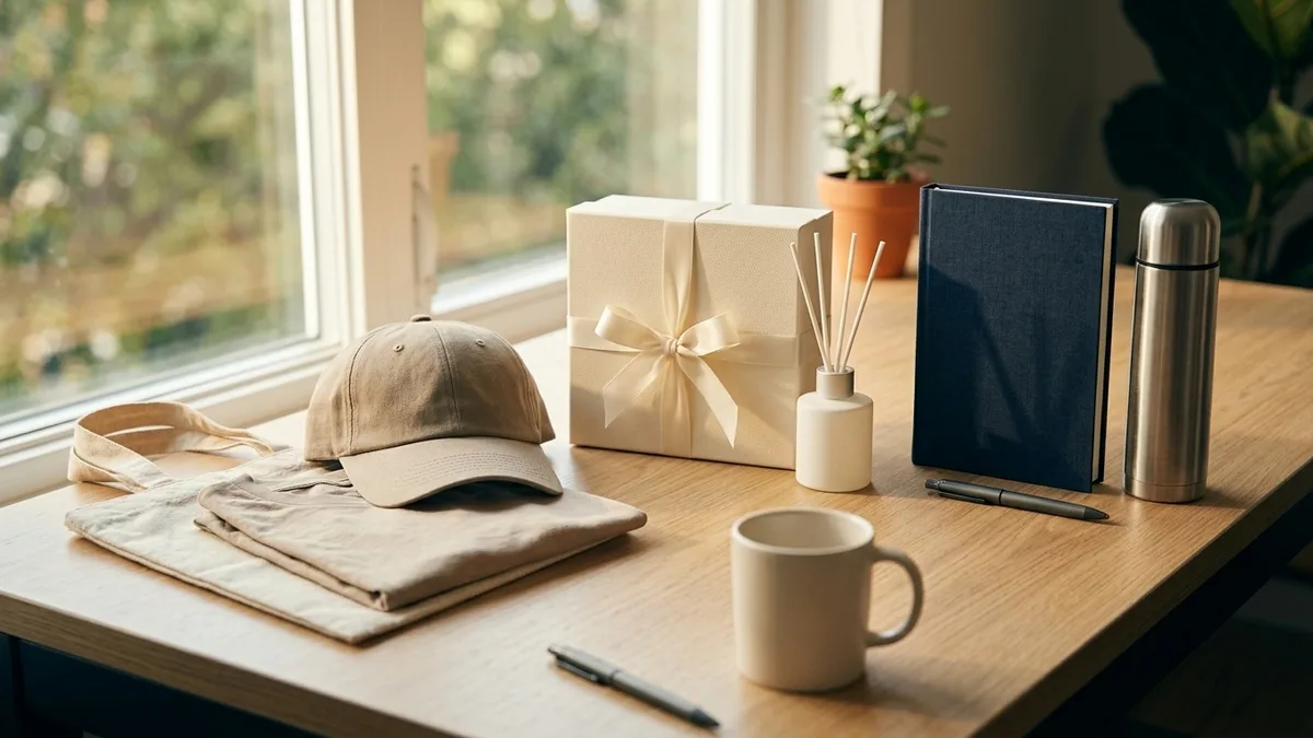 Three groupings of blank promotional, branded and corporate gifts in a row