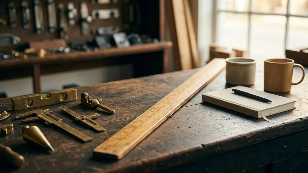 A vintage blank wooden yardstick across an old hardware-store counter