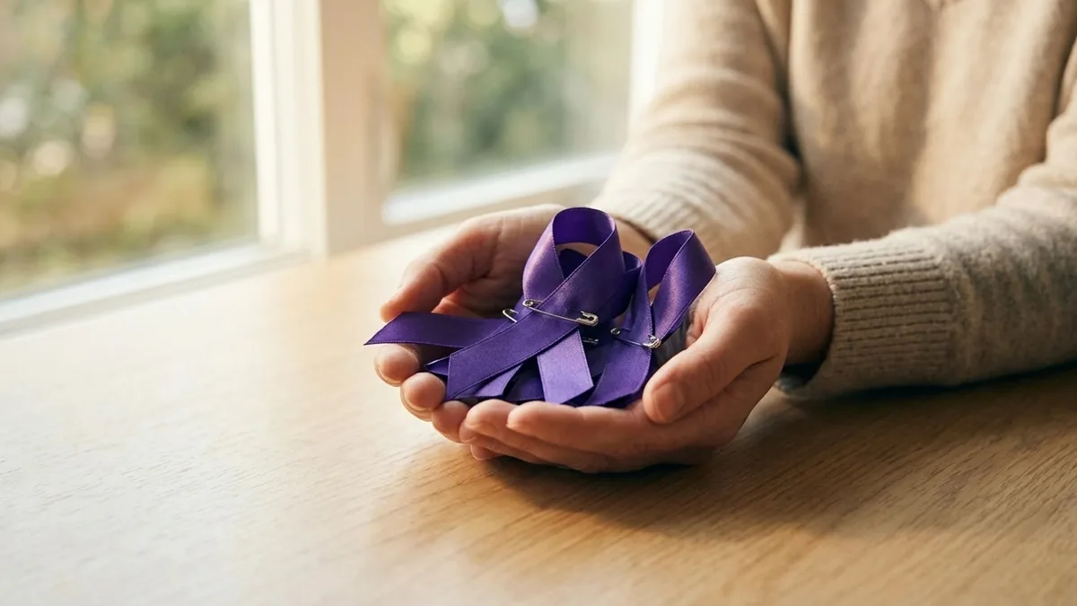 A purple awareness ribbon held between two fingers in soft daylight
