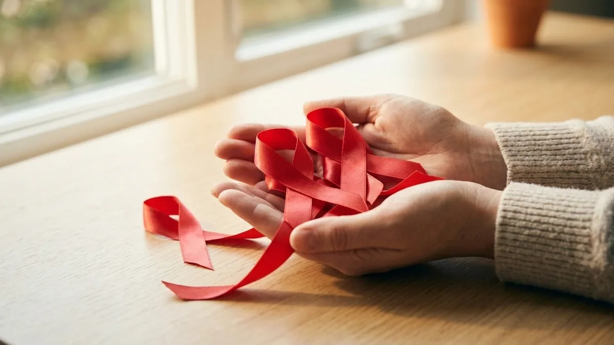 A red awareness ribbon held between two fingers in soft daylight