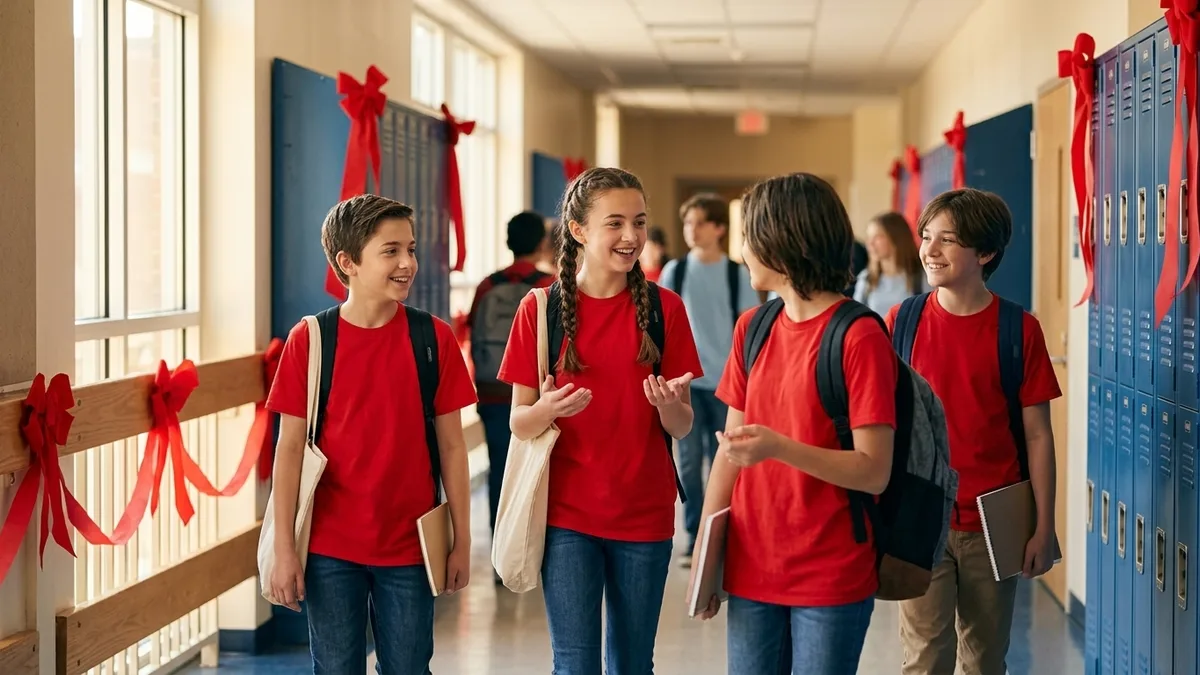 Students wearing red ribbons during Red Ribbon Week drug-prevention campaign