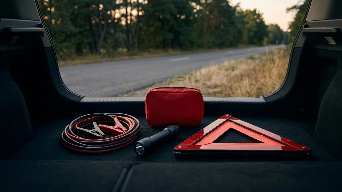 Roadside emergency kit items laid out in an open car trunk at dusk