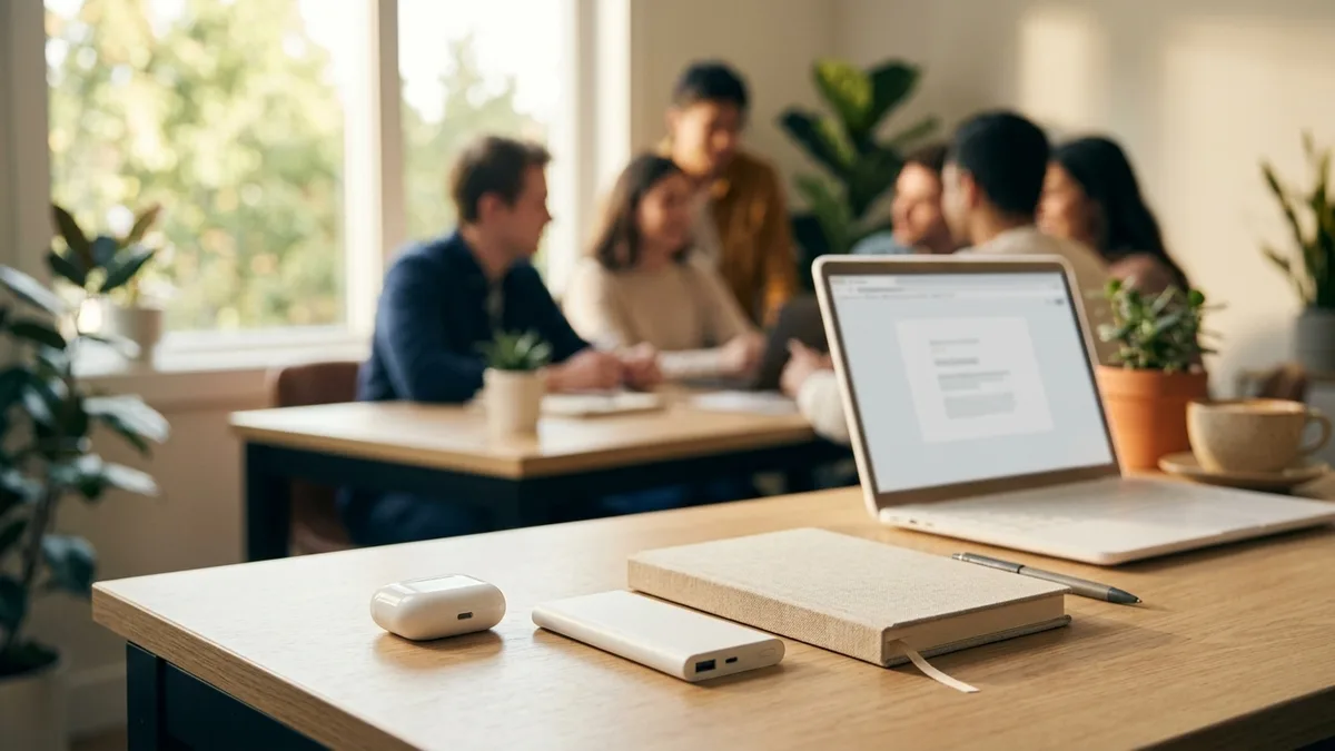 Blank tech swag on a startup desk with a young team blurred behind