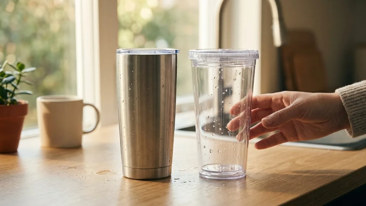 Blank stainless steel tumbler beside a plastic tumbler on a kitchen counter