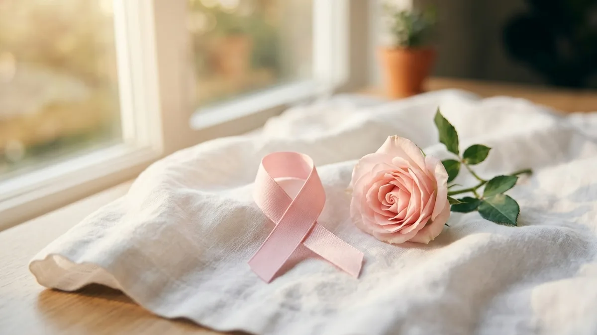 A pink awareness ribbon resting on soft white fabric beside a flower
