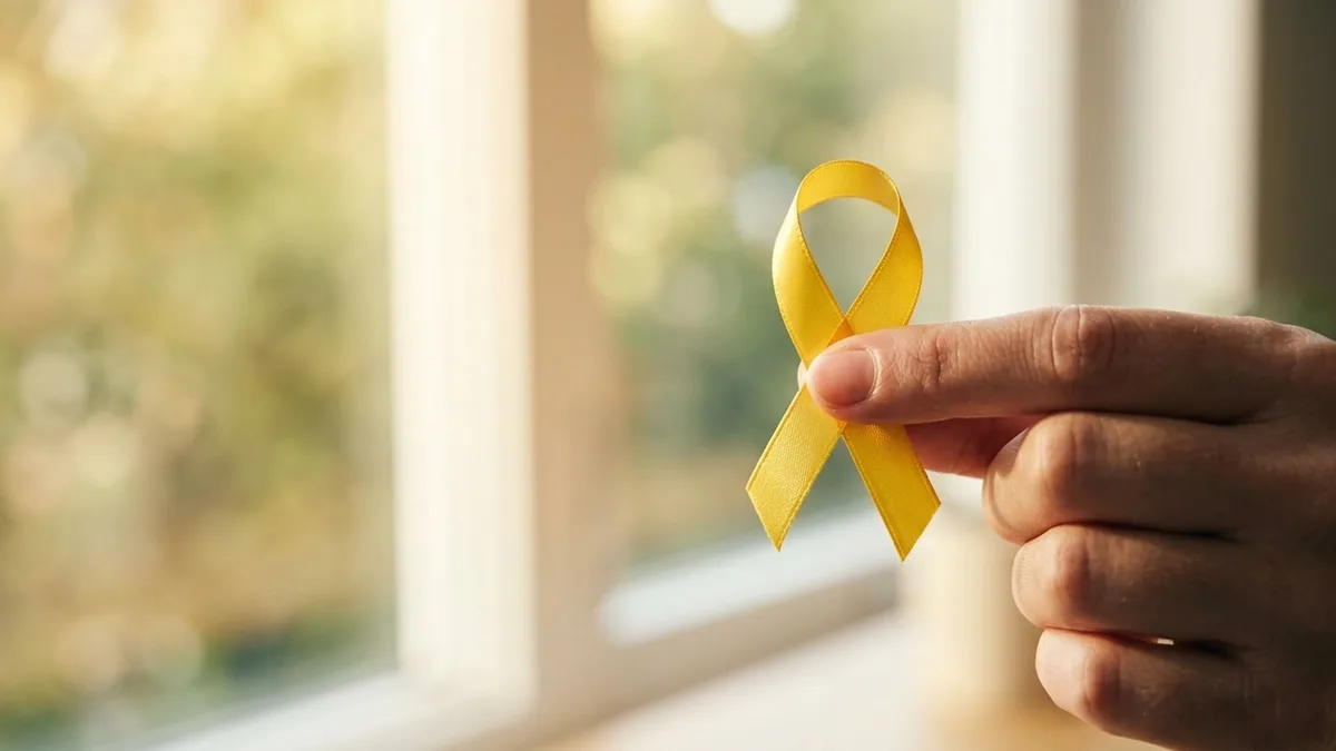 A yellow awareness ribbon held between two fingers in warm sunlight