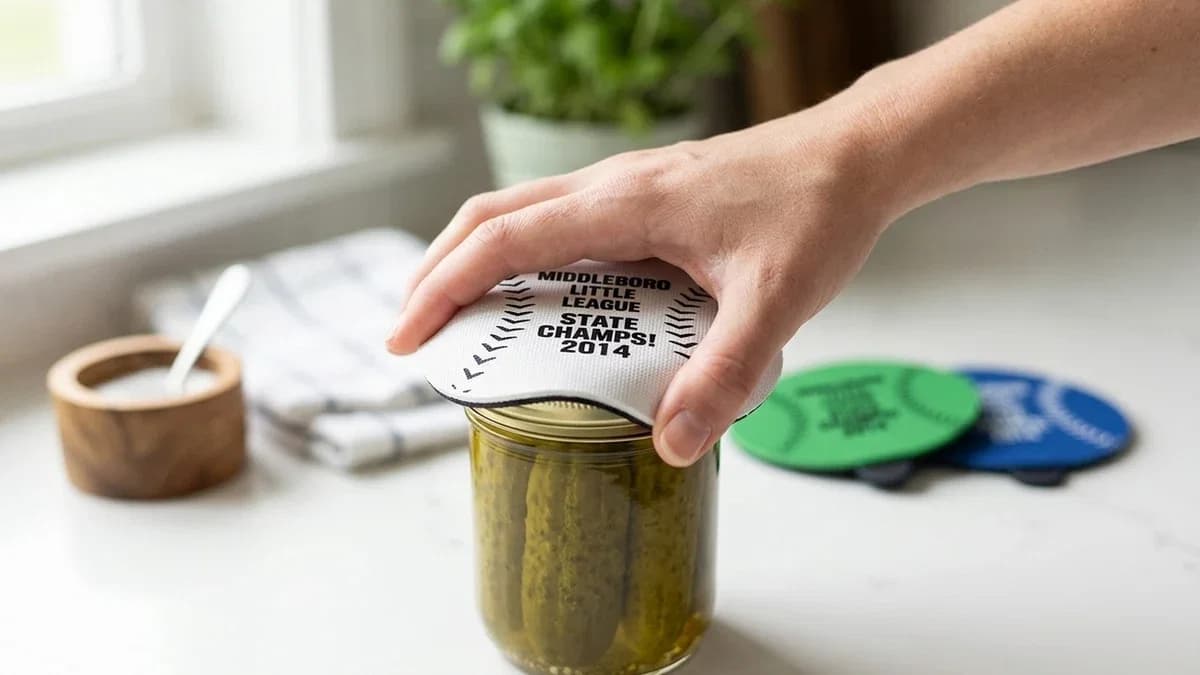 Custom jar openers with a company logo resting in an open kitchen drawer