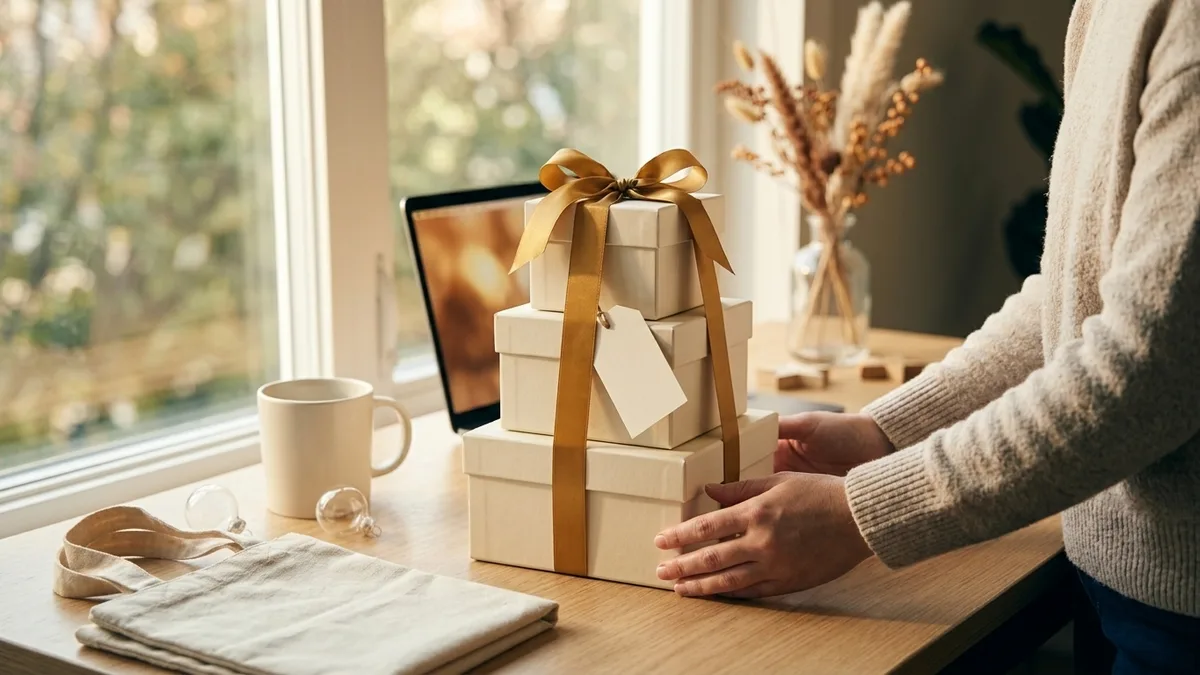 A stacked tower gift set wrapped with ribbon on a festive desk
