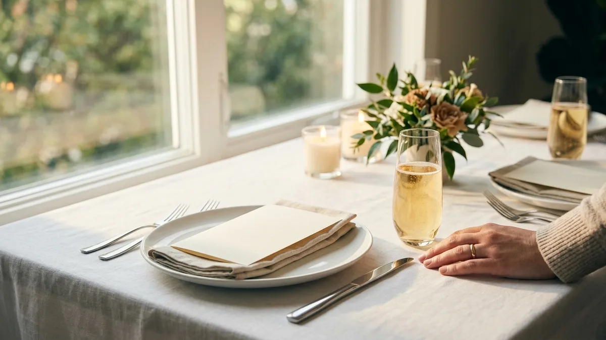 Elegant wedding place setting with a card and champagne flute in candlelight