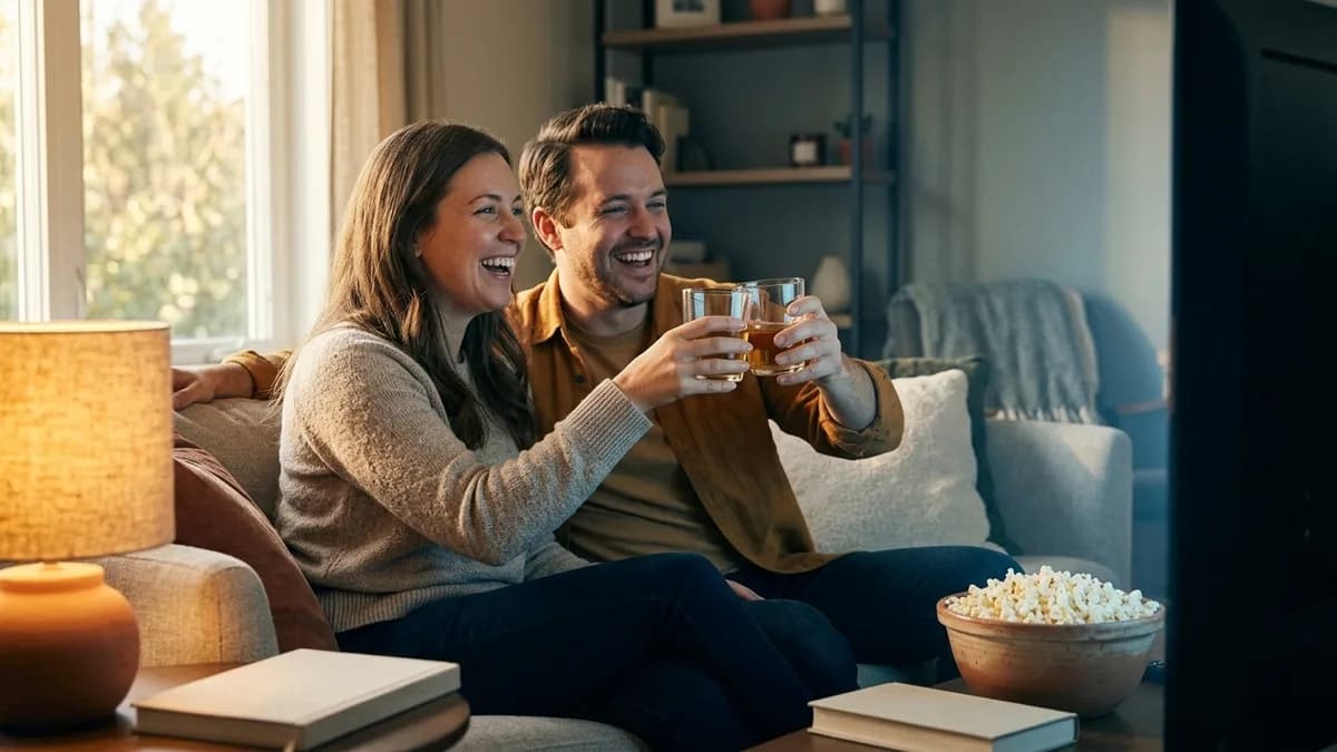 A couple raising glasses on a sofa in front of a glowing home cinema screen
