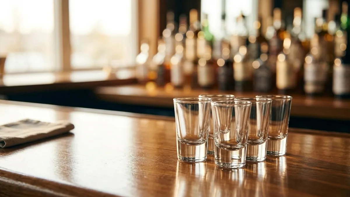Cluster of empty clear shooter glasses on a polished bar with warm backlight