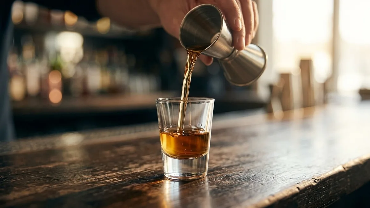A clear shot glass being filled from a jigger over a dark bar top