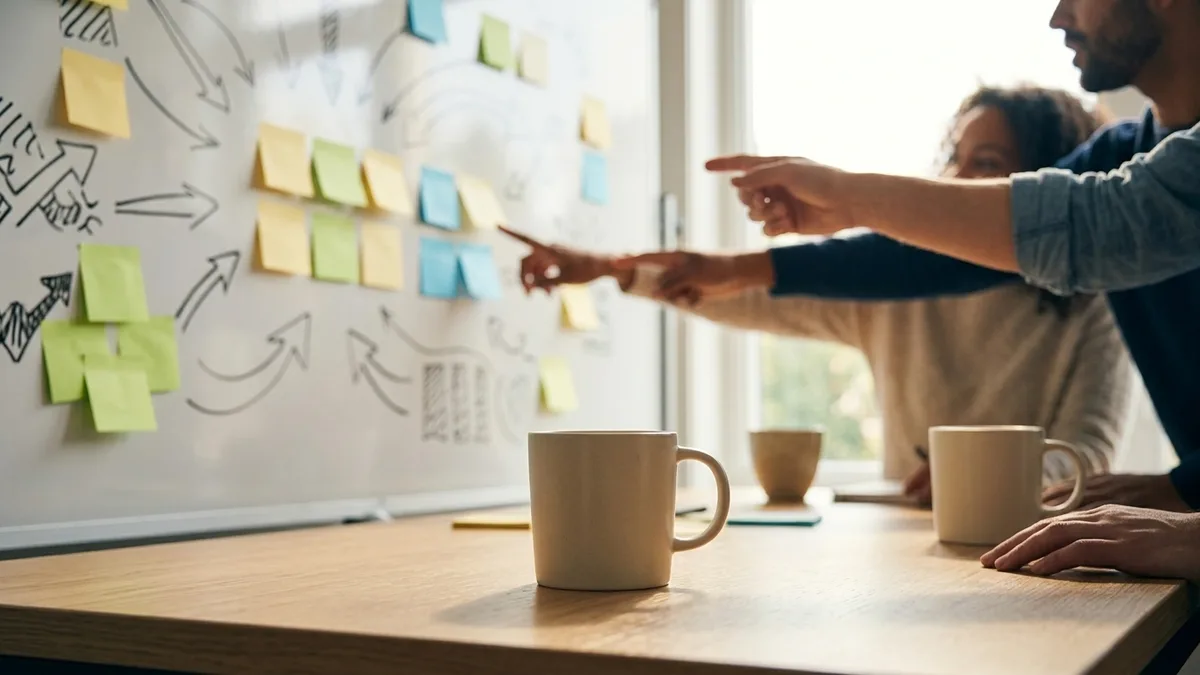 A team at a whiteboard with abstract arrows and sticky notes in a bright office