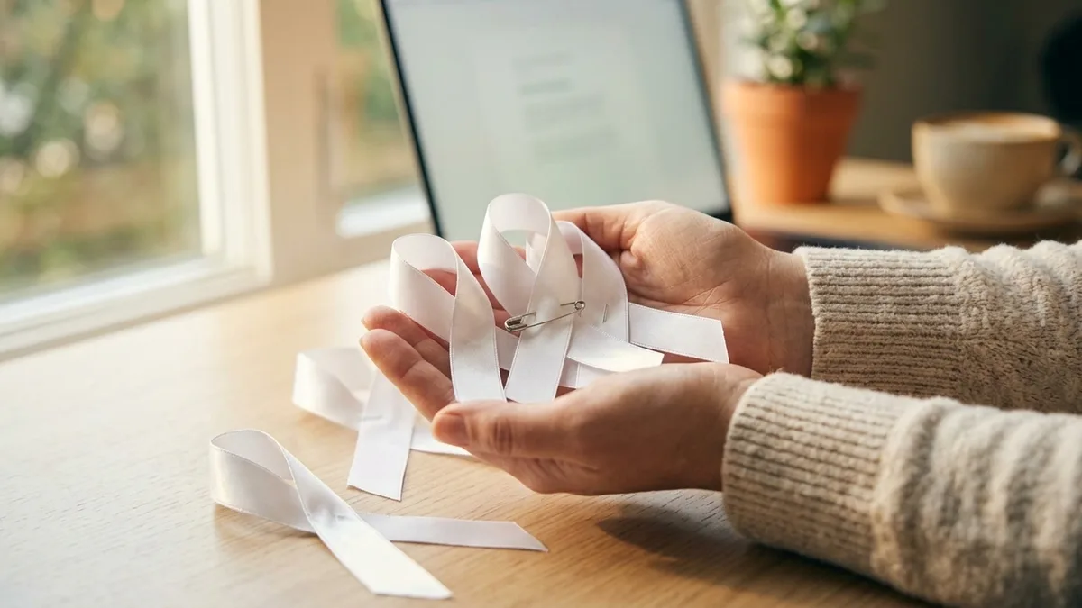 A white awareness ribbon held between two fingers in soft daylight