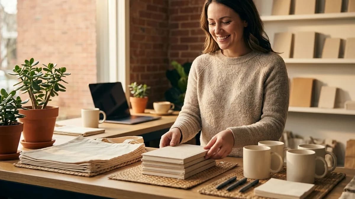 A small business counter displaying blank branded swag with a smiling owner