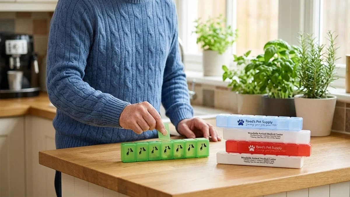Custom pill boxes for pharmacies printed with a logo on a counter
