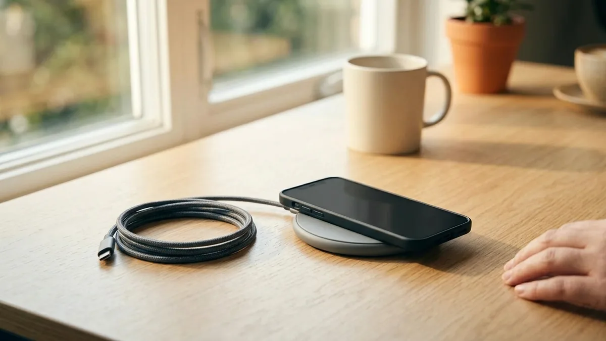 A phone on a wireless charging pad beside a coiled cable on a modern desk